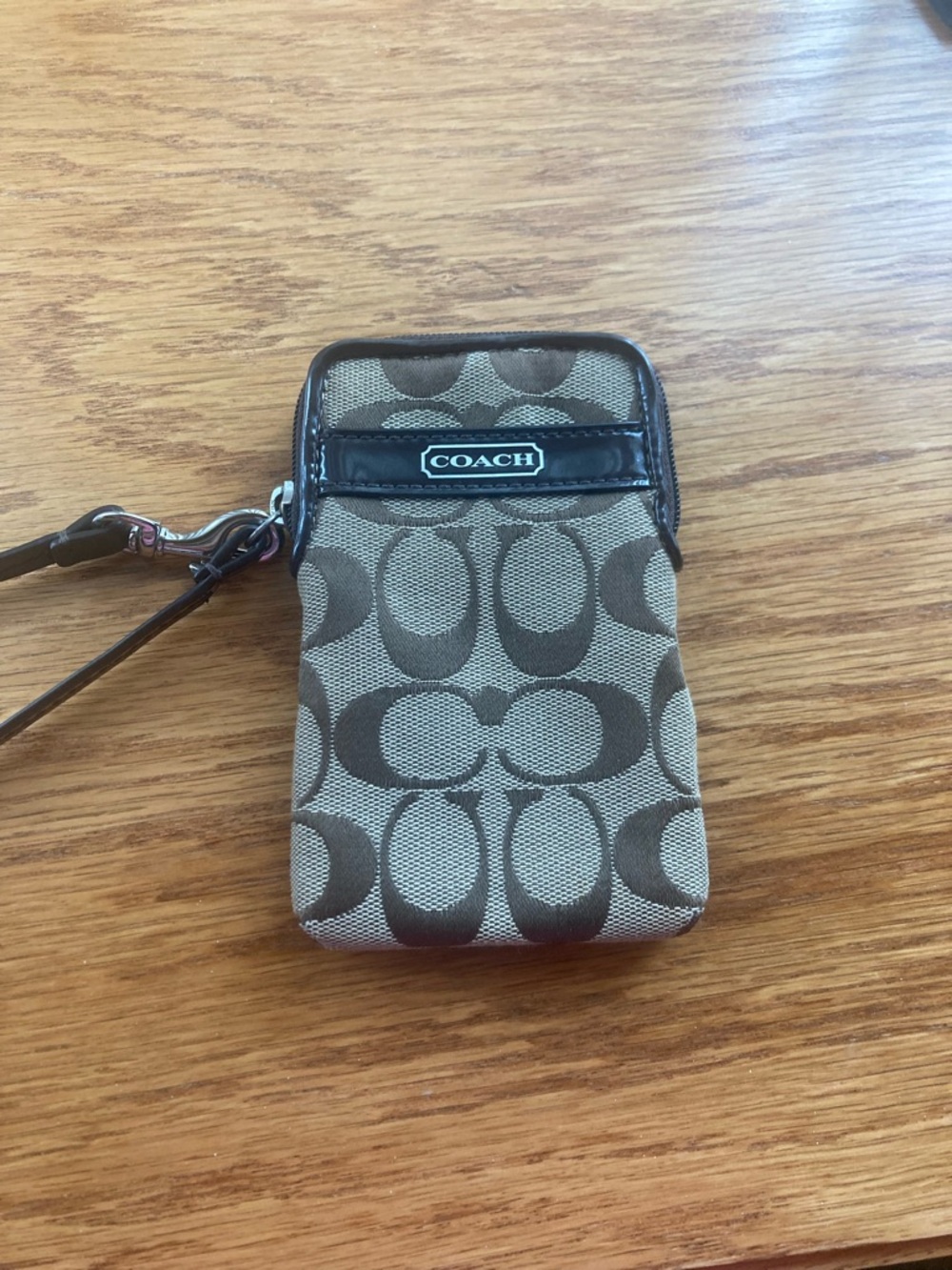 Coach Brown Signature Canvas Mini Phone Wristlet Wallet 5” x 3”